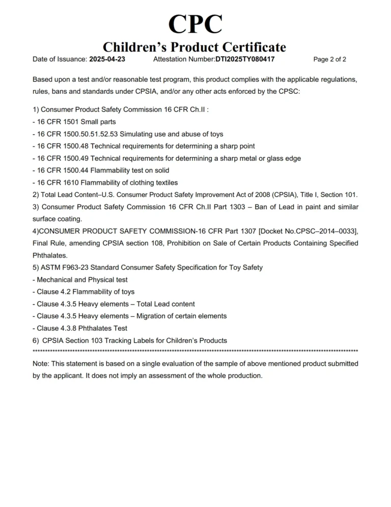 Children's Product Certificate page one