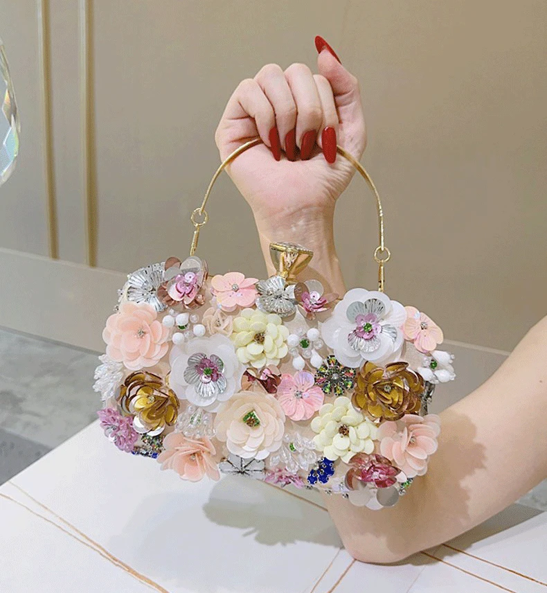 Factory Luxury Evening Clutch Bag with Colorful 3D Floral Embellishments Square Shape 1