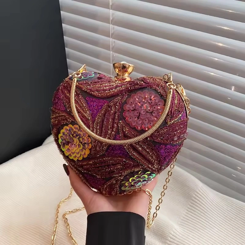 purple Vegan Metal Heart Evening Clutch w/ Sequins Pearls