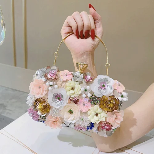 Factory Luxury Evening Clutch Bag with Colorful 3D Floral Embellishments Square Shape 1