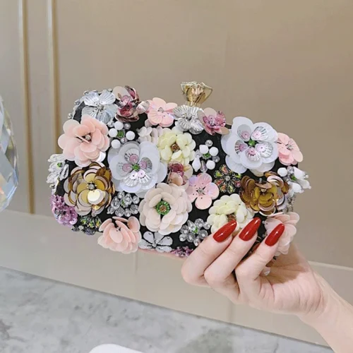 Factory Luxury Evening Clutch Bag with Colorful 3D Floral Embellishments Square Shape 2
