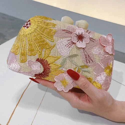 Factory Luxury Evening Clutch Bag with Colorful 3D Floral Embellishments Square Shape 3