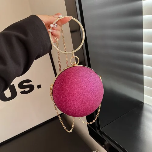 Bulk Supply Luxury Ball Shape Evening Metal Chain Shoulder Bag Rose Red