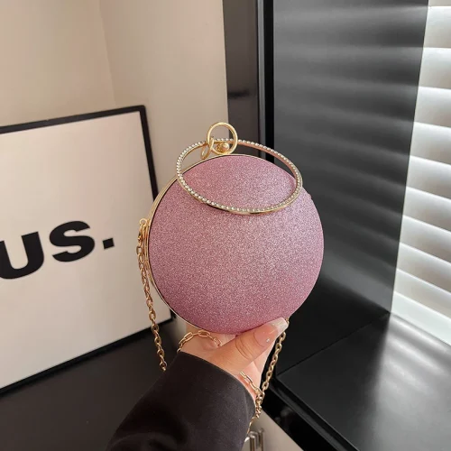 Bulk Supply Luxury Ball Shape Evening Metal Chain Shoulder Bag Pink