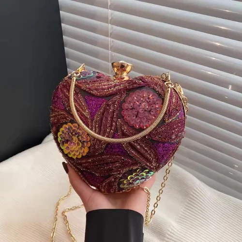 purple Vegan Metal Heart Evening Clutch w/ Sequins Pearls