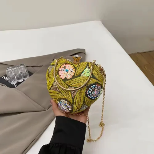 Yellow Vegan Metal Heart Evening Clutch w/ Sequins Pearls