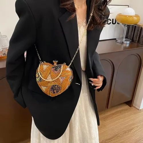 BEOWN Vegan Metal Heart Evening Clutch w/ Sequins Pearls